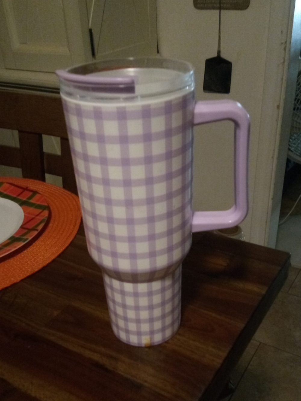 Lavender Plaid Insulated Travel Mug with Handle - No Brand